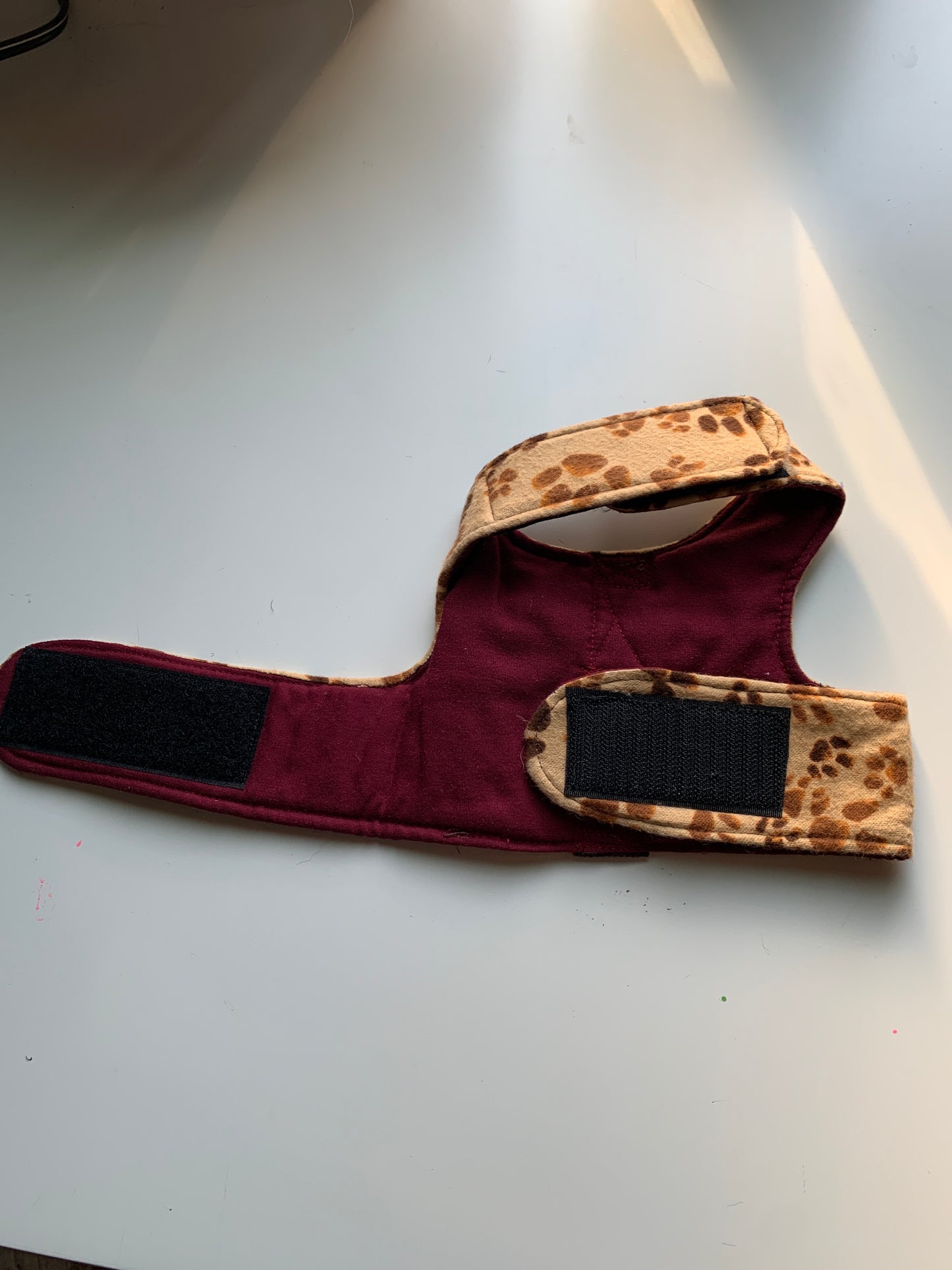 Paw prints on brown pet walking vest harness in
