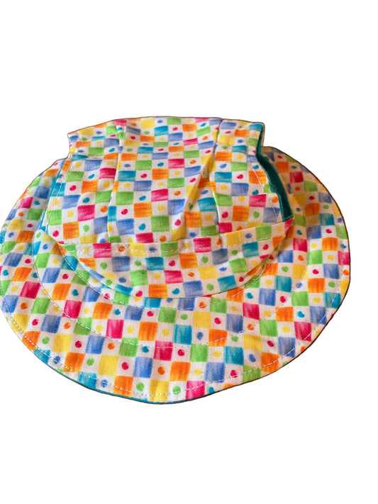 Multicoloured blocks and dots on white pet bucket hat
