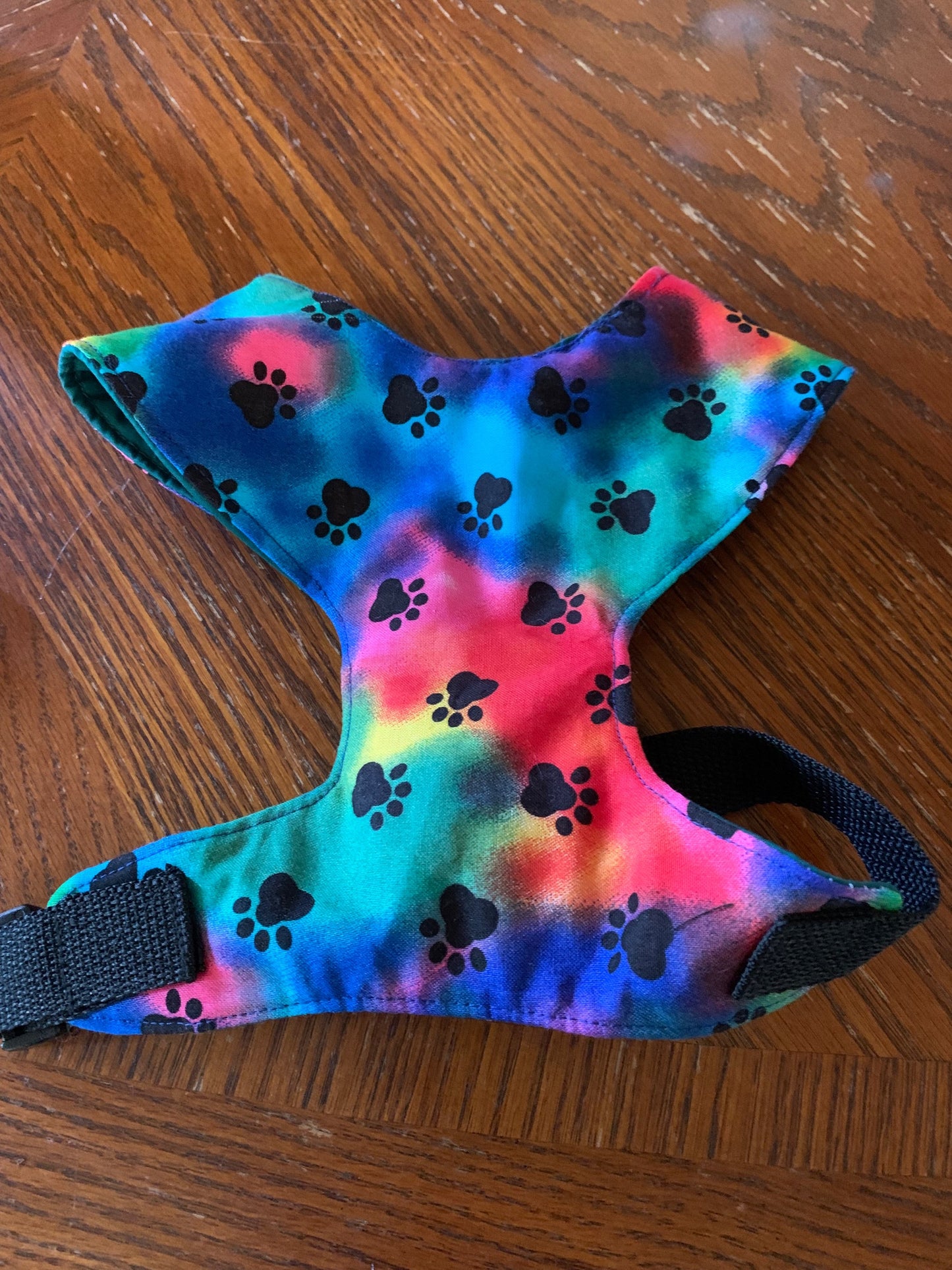 Black Paw Print on Multicolored Tye Dye Buckle Pet Harness image 0