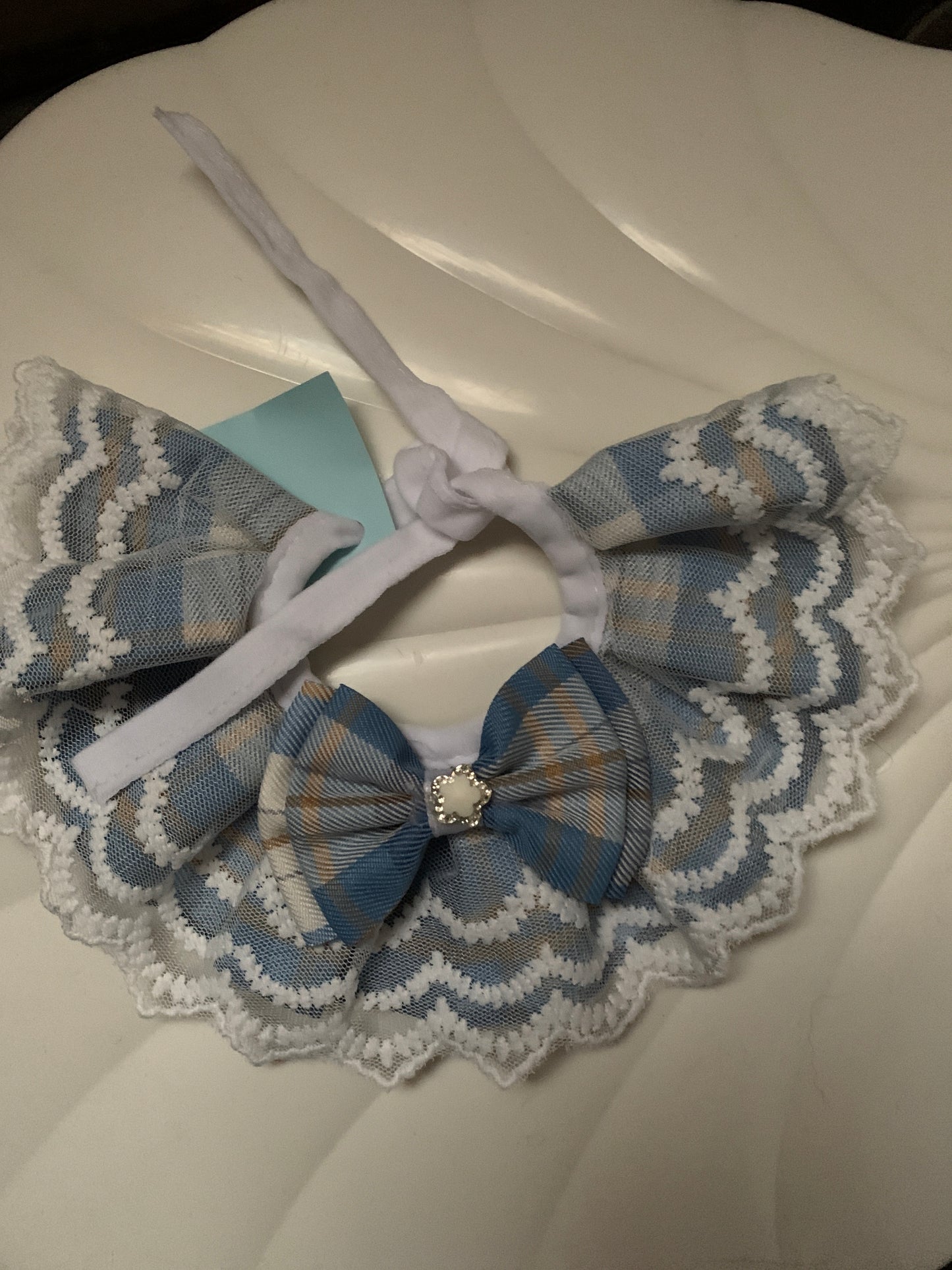 Blue plaid lace pet collar