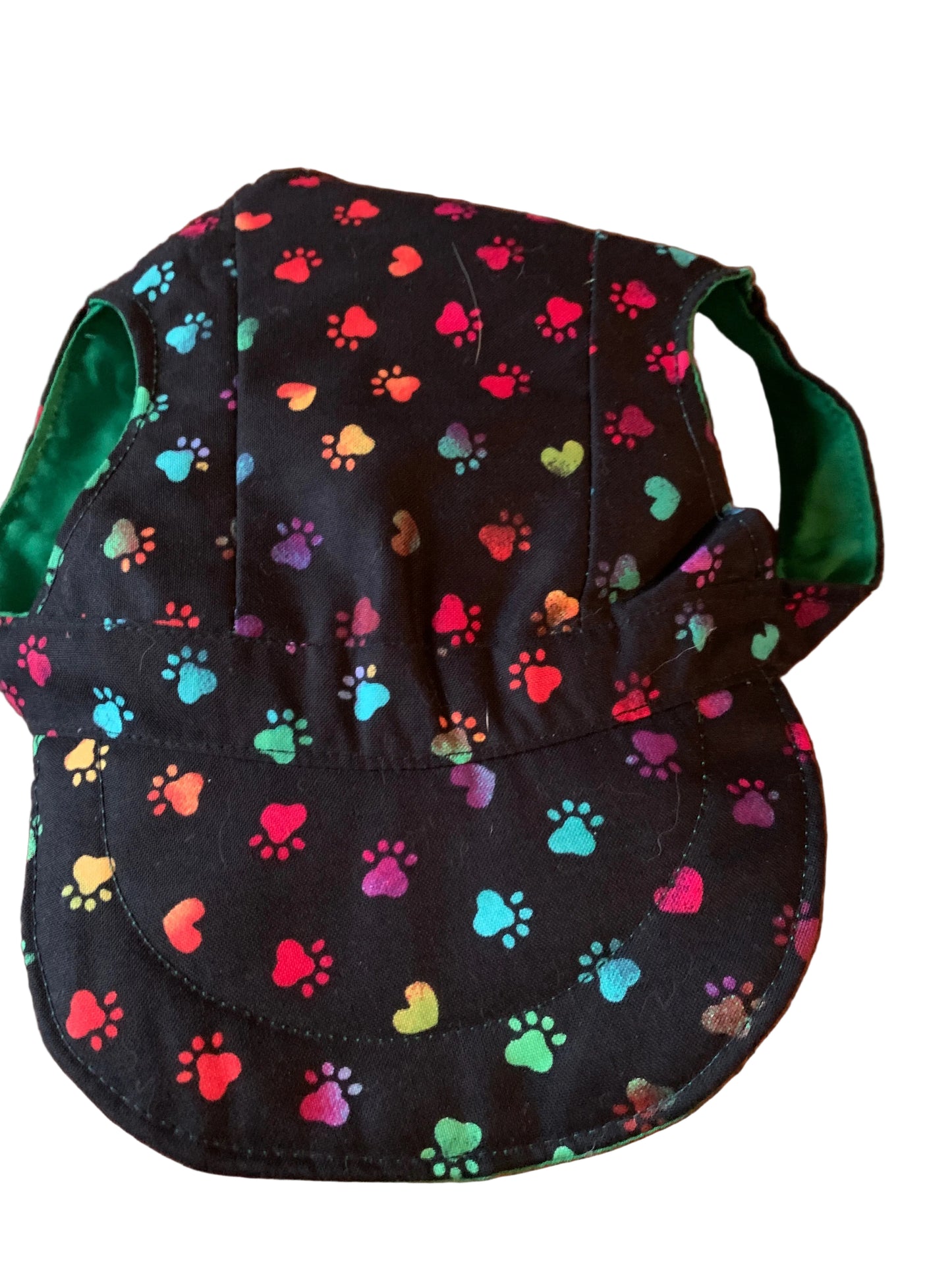 Multicoloured paw prints on black pet baseball hat
