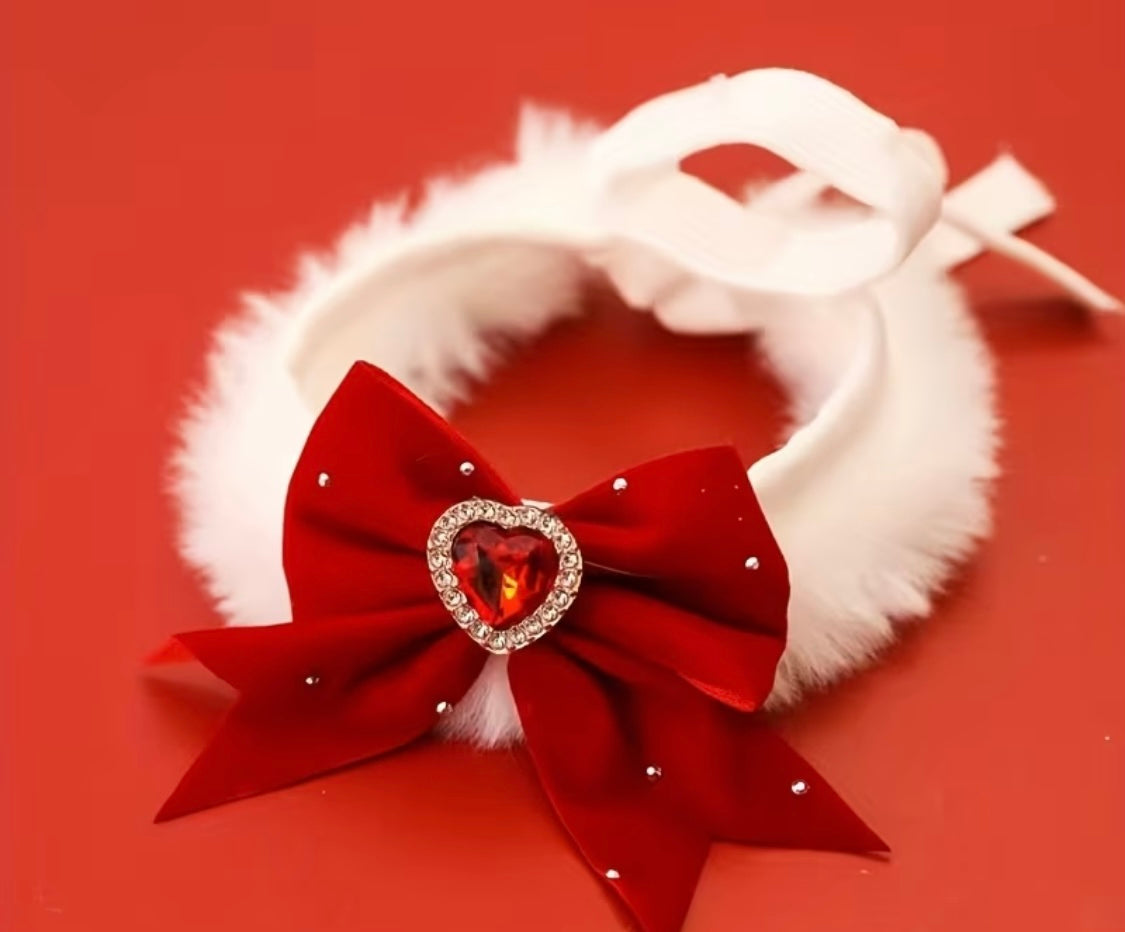 Red bow fur pet collar