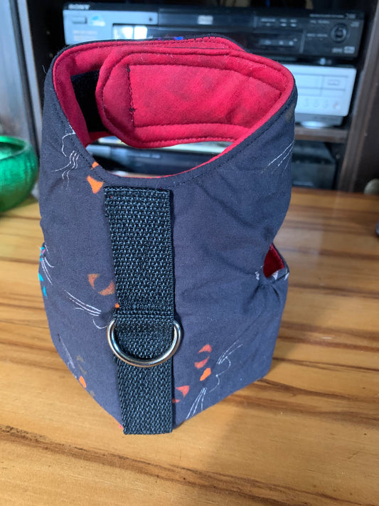 Multicoloured Cat Faces on Black Pet Walking Vest Harness image 0